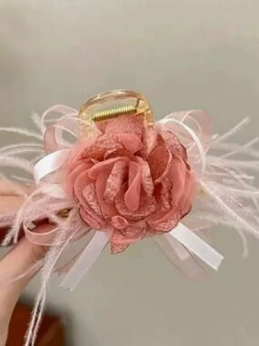 Delicate Pink Rose Hair Clip with Feather & Ribbon Accents